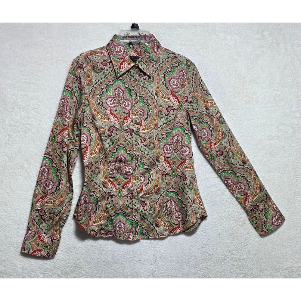 Talbots Petites Green Red Paisley Button Down Shirt Stretch Long Sleeve 4P